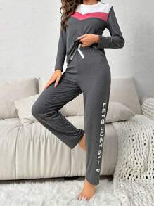 Colorblock Tee & Letter Graphic Bow Waist Pants PJ Set - Dark Grey - View 1