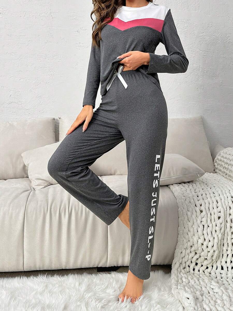 Colorblock Tee & Letter Graphic Bow Waist Pants PJ Set - Dark Grey - View 1