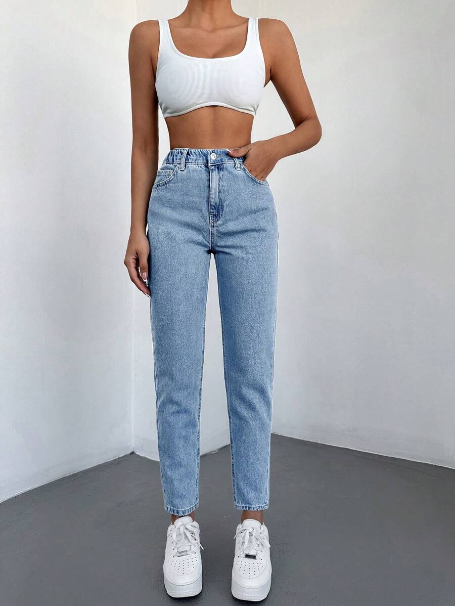 SHEIN Cottnline Straight Leg High Waisted Denim Pants - Light Wash - View 1