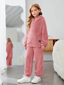 SHEIN Leap Crew Cô gái Tween Thư được vá Thả vai Flannel Áo Hoodie & Quần - Bụi hồng - Xem 5