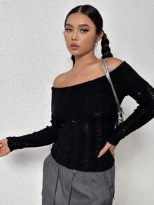 SHEIN Unity Foldover Off Shoulder Ripped Sweater - Black - View 5