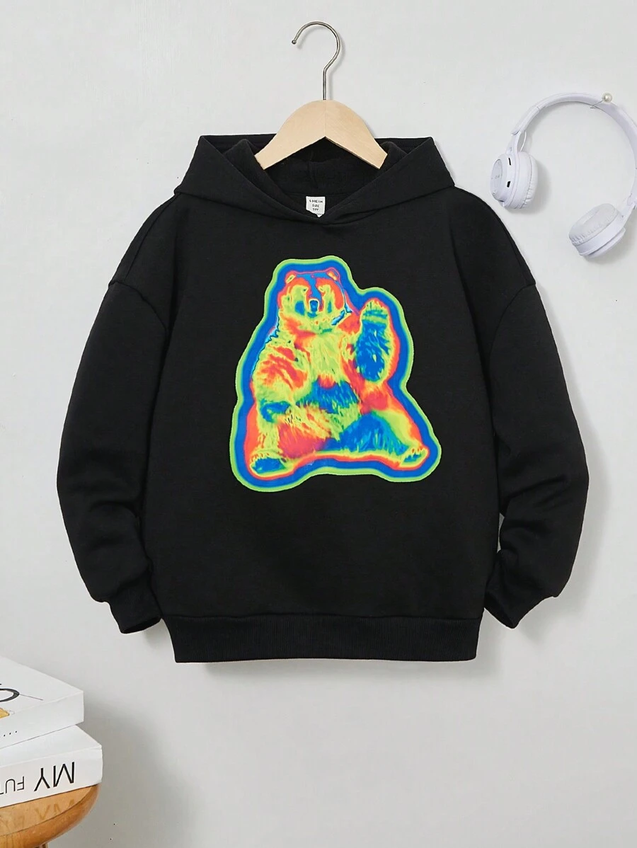 SHEIN Tween Girl Bear Print Drop Shoulder Sweatshirt - Black - View 1