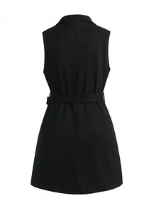 SHEIN Clasi Plus Double Breasted Belted Vest Overcoat - Black - View 2