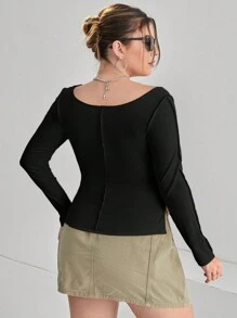 SHEIN Essnce Plus Solid Seam Detail Tee - Black - View 2