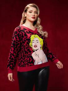 Marilyn Monroe X SHEIN Plus Leopard & Figure Pattern Drop Shoulder Sweater - Red - View 4