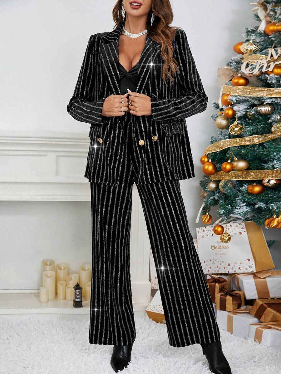 SHEIN Privé In sọc Đôi ngực Blazer & quần - màu đen - Xem 1