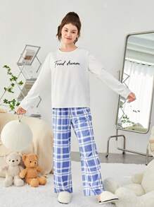 青少年女孩針織字母印花 T 恤和格紋長褲睡衣套裝 - 淺藍色 - 查看 5