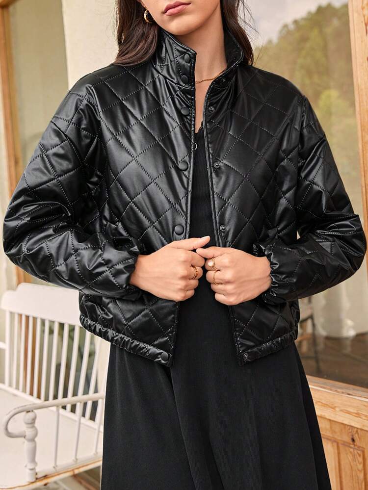 Zip Up Snap Button Front Quilted Coat In Fall/Winter Black Casual