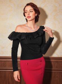 SHEIN DECDS 女式不对称领口和蕾丝边上衣 - 黑色 - 查看 3