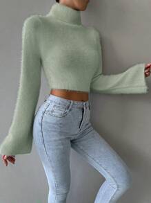 SHEIN Unity Turtleneck Fluffy Knit Crop Sweater Knit Pullover Fall Winter Outfit - Green - View 6