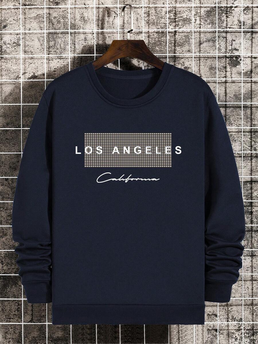 Manfinity Dauomo 男士字母圖案加絨內裏運動衫 - 藏蓝色 - 查看 1