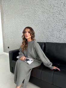 EURMUSE Women'S Drop Shoulder Split Sweater Dress - Grey - View 4
