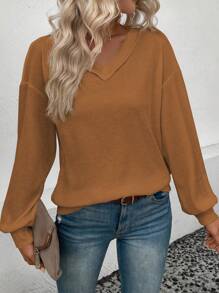 SHEIN LUNE 素色落肩袖V領運動衫 - 黃色 - 查看 6