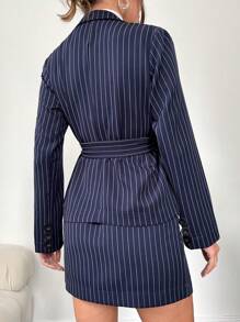 EURMUSE Women'S Stripe Tie Blazer & Front Slit Skirt Set - Navy Blue - View 2
