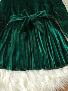 SHEIN Glamorique Kids 女嬰泡泡袖腰帶亮片洋裝