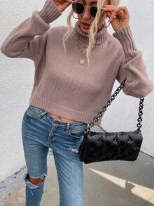 SHEIN LUNE Áo cao cổ Tay áo lồng đèn Áo len - màu nâu - Xem 3