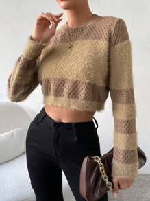 SHEIN Unity Two Tone Fuzzy Panel Pointelle Knit Crop Knit Pullover Fall Winter Sweater - Khaki - View 1