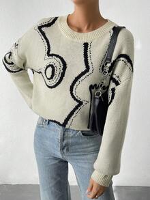 SHEIN Essnce Jersey con patrón de dibujos animados de hombros caídos - Albaricoque - Ver 5