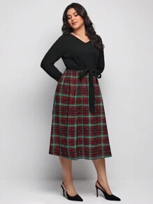 Vulgaris Surplus Plus Tartan Print Belted Dress - Black - View 3