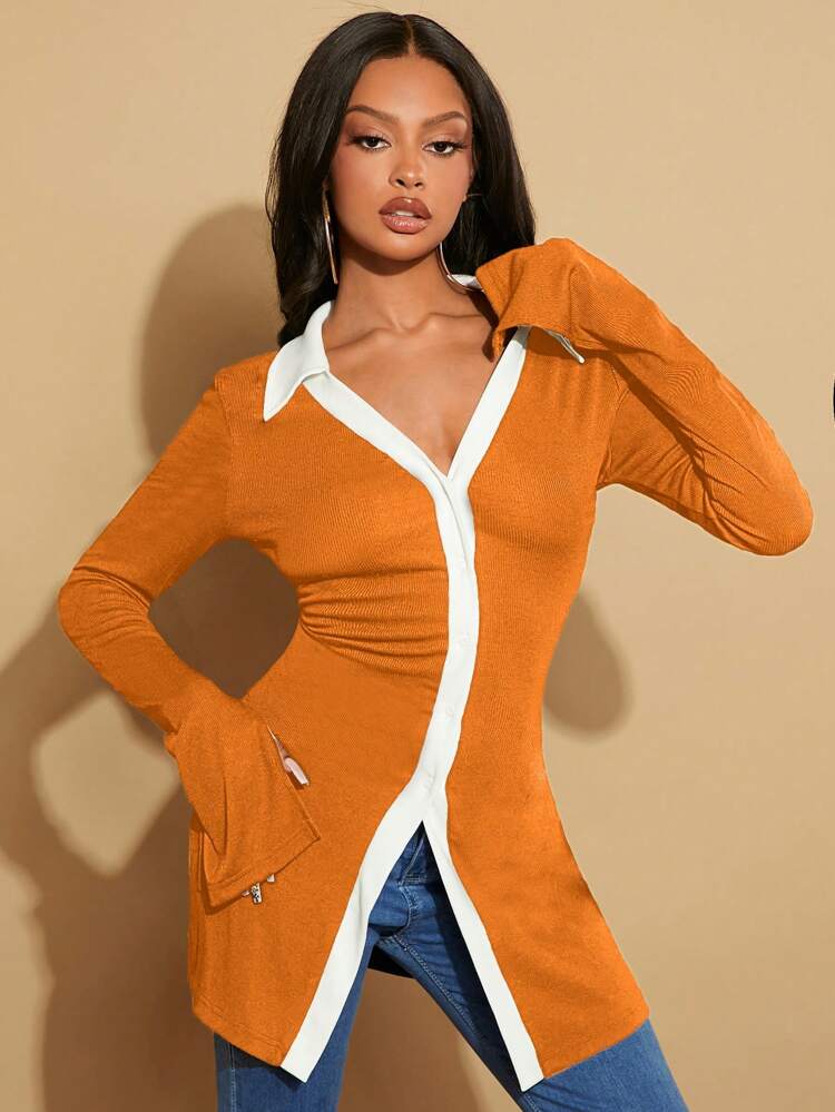 Contrast Trim Split Sleeve Tee