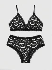 ROMWE Goth 大碼蝙蝠圖案蕾絲邊內衣套裝 - 黑與白 - 查看 1