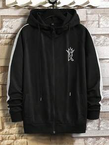 男士字母&皇冠圖案拼接側邊接縫抽繩連帽衫 - 黑色 - 查看 5