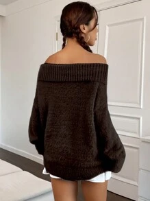 SHEIN Unity Off Shoulder Batwing Sleeve Sweater - Chocolate Brown - View 2