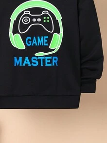 SHEIN Tween Boy Reflective Gamepad & Letter Graphic Hoodie - Black - View 5