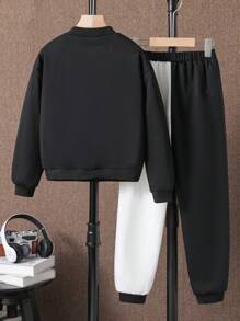 SHEIN Chica preadolescente Cazadora con estampado de letra de dos tonos cuello béisbol con pantalones deportivos sin camiseta