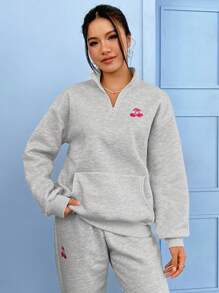 SHEIN EZwear Cherry Graphic Drop Shoulder Sweatshirt & Sweatpants - Grey - View 4