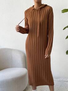 SHEIN Essnce Thả vai Dây rút áo có mũ Đầm Áo len - màu nâu - Xem 5