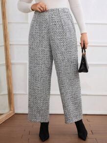 SHEIN Privé Plus Size Elegant Straight Leg Pants - Black and White - View 5