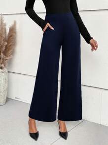 SHEIN LUNE 素色寬腰帶闊腿褲 - 藏蓝色 - 查看 4