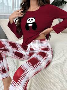 Gấu trúc Đã vá Áo thun & In kẻ sọc Quần Bộ PJ - Màu Đỏ Sâu - Xem 6