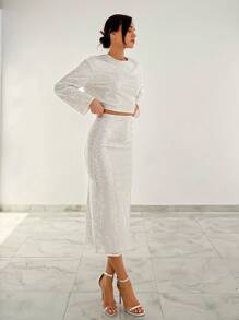 Aloruh 亮片短款上衣&高衩半身裙 - 銀色 - 查看 5