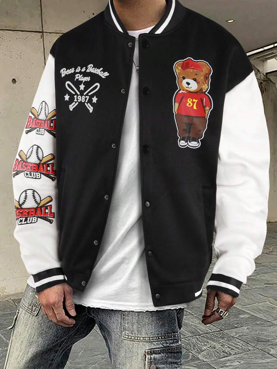 Manfinity Roghcode 男款兩色鬆身大學風夾克,熊和字母圖案設計 - 黑與白 - 查看 1