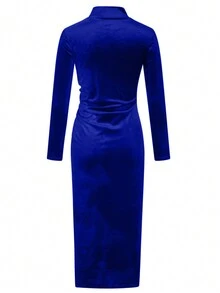 Vestido unicolor de cuello cisne de muslo con abertura de terciopelo - azul real - Ver 2