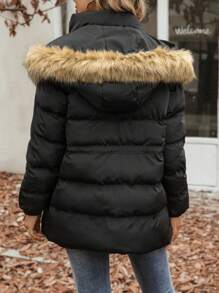 SHEIN LUNE 抽绳腰部毛绒装饰连帽加厚棉服外套冬季 - 黑色 - 查看 6