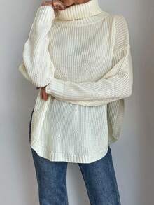 SHEIN LUNE 高領落肩袖下擺開叉套頭毛衣 - 米色 - 查看 6