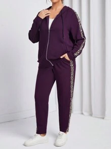 EMERY ROSE Hơn Tương phản Leopard Print Áo Zip Up Hoodie & Quần - Màu tím - Xem 5