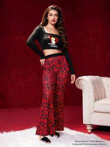 Marilyn Monroe X SHEIN Celebrity Lips Monogram Short T-Shirt And Flared Pants Set - Black - View 5