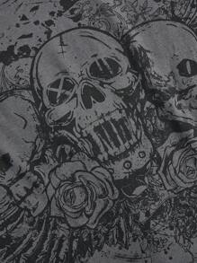 ROMWE Grunge Punk 女士骷髅印花落肩 T 恤，学校 - 灰色 - 查看 4