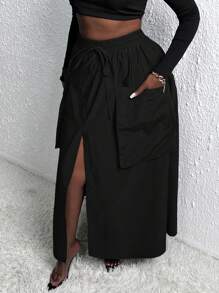 Slaydiva 大碼雙口袋高衩腰部抽繩半身裙 - 黑色 - 查看 5