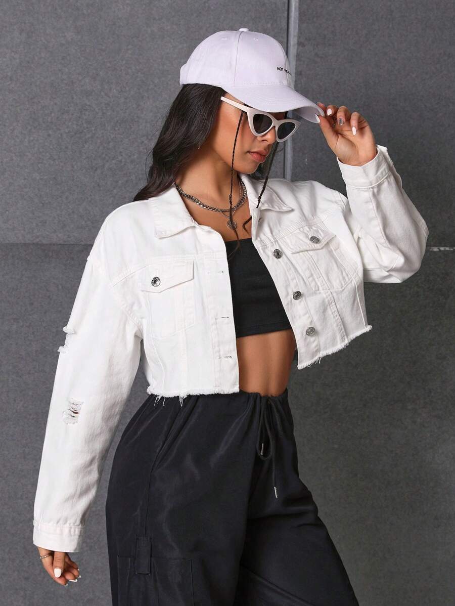 SHEIN Frenchy Áo khoác denim một hàng khuy rách dành cho nữ - trắng - Xem 1