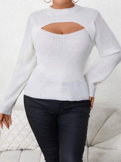 Calvaya Plus Cut Out Front Pearls Beaded Sweater Knit Pullover Fall Winter Sweater