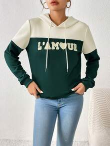 SHEIN Frenchy Lá thư Đổ xô Hai âm Dây rút Hoodie - Nhiều màu - Xem 4