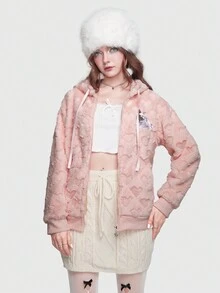 Kawaii 貓刺繡拉鏈開襟抽繩連帽夾克 - 粉色 - 查看 3