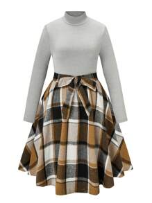 SHEIN LUNE 大碼格紋印花腰帶喇叭下擺洋裝 - 彩色 - 查看 1