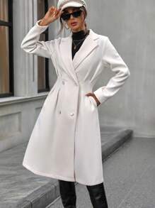 SHEIN Privé 西裝領褶皺腰雙排釦花呢外套 - 杏色 - 查看 3