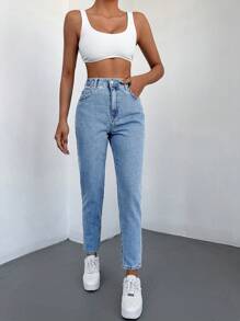 SHEIN Cottnline Straight Leg High Waisted Denim Pants - Light Wash - View 5